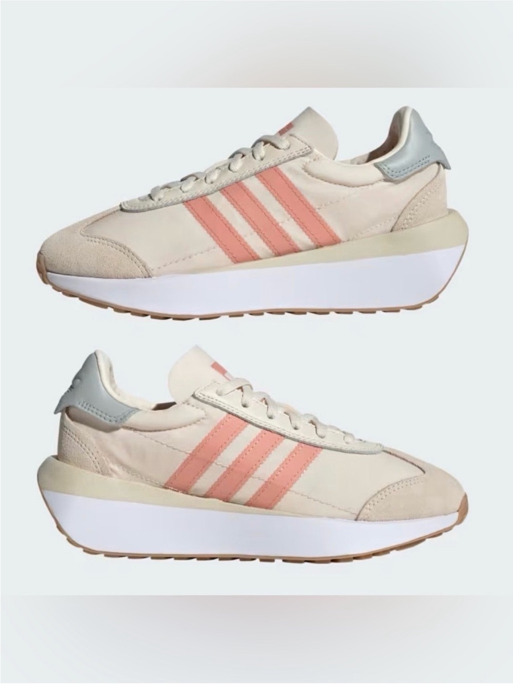 adidas Women's Cream Sneakers with Pink Stripes and Light Blue Heel